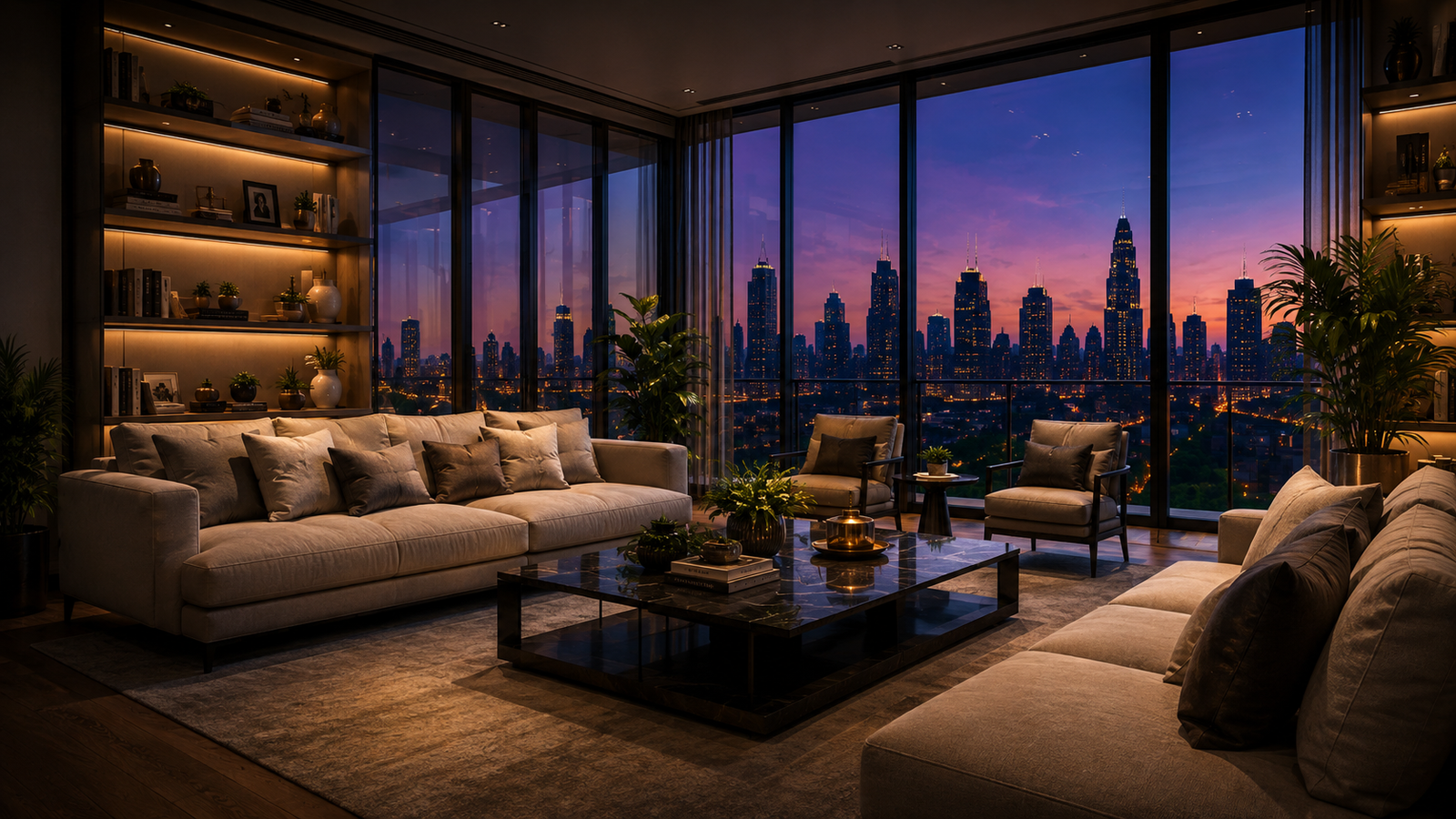 Luxury living room with city skyline view at dusk